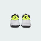 Rear view of the Nike Air Force 1 '07 Juniors' white trainers, focusing on the heel panel and Nike Air branding.