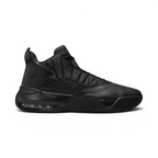 Jordan Stay Loyal men's trainers in black and cool grey, side profile showing layered leather and textile upper, and subtle Air Jordan design elements.