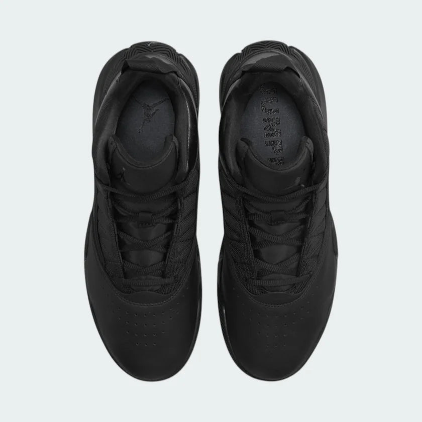 Top-down view of a pair of Jordan Stay Loyal men's trainers in black, highlighting their structured silhouette and lace-up closure.