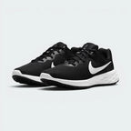 Emphasising the low-slung, forward-leaning athletic running stance and the professional harmony of the deep black uppers sitting cleanly above the white and dark iron grey sole tooling components.