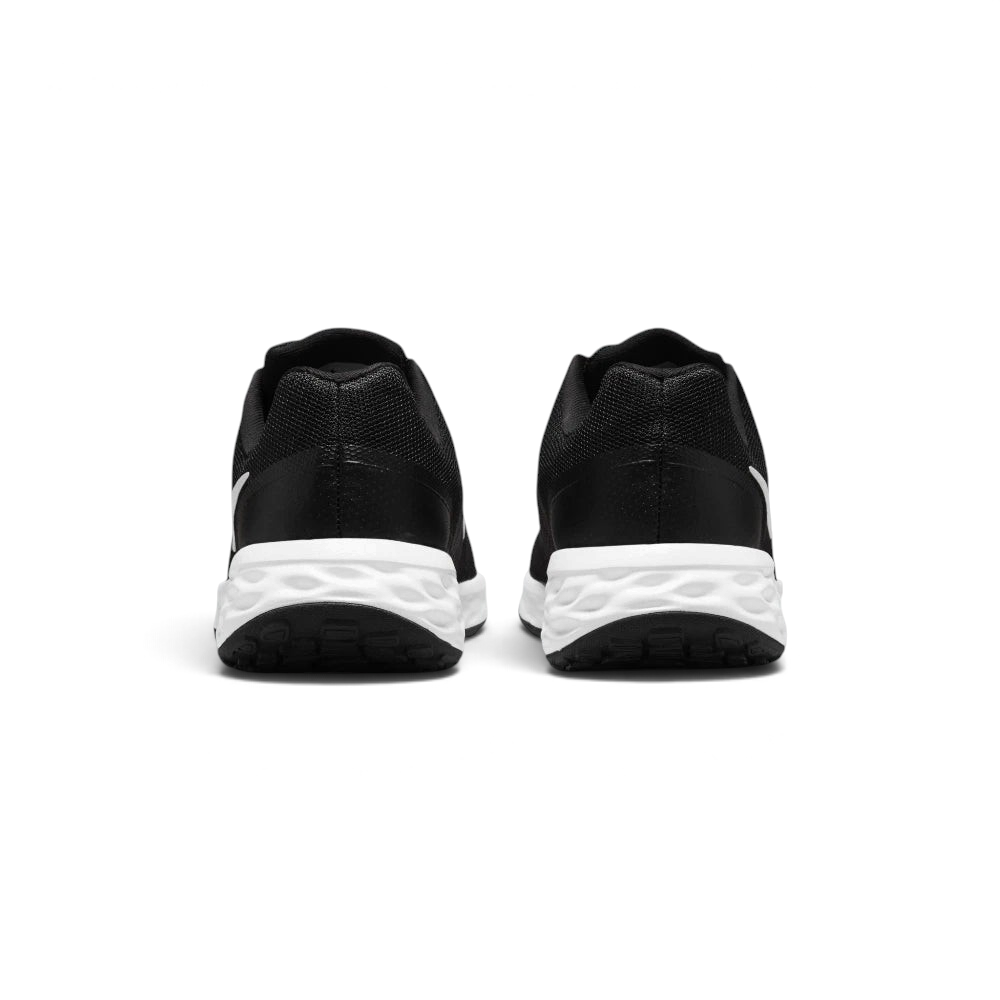 Focuses on the contoured shape of the padded low-cut collar, highlighting the smooth mesh heel panel and the wide, stable footprint of the cushioning foam sole unit below.