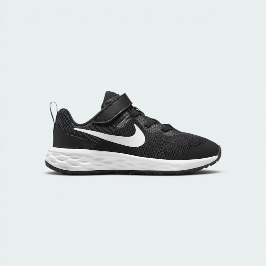 Highlights the high-velocity sweep of the white printed Nike Swoosh, showing the breathable texture of the black mesh upper resting above the plush white foam midsole.