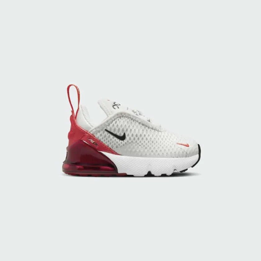 Nike Air Max 270 Toddlers' trainers in black with white and volt accents, side profile showing prominent 270-degree visible Max Air unit and mesh upper.