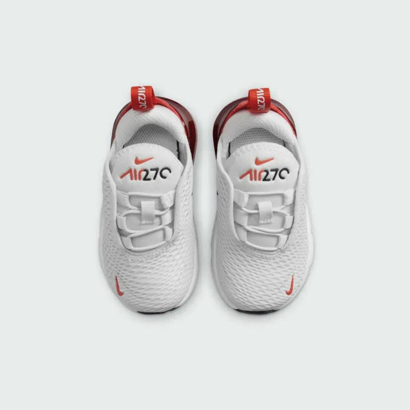 Top-down view of a pair of Nike Air Max 270 Toddlers' trainers in black, highlighting their sleek silhouette and easy-entry design (e.g., elastic laces/strap).