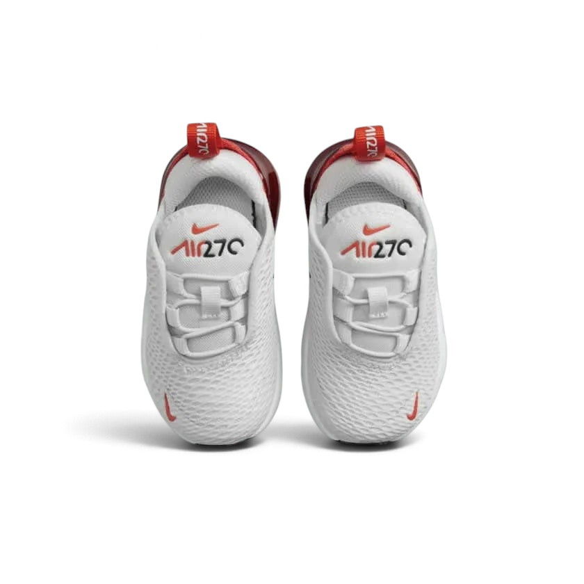 Top-down view of a pair of Nike Air Max 270 Toddlers' trainers in black, highlighting their sleek silhouette and easy-entry design (e.g., elastic laces/strap).
