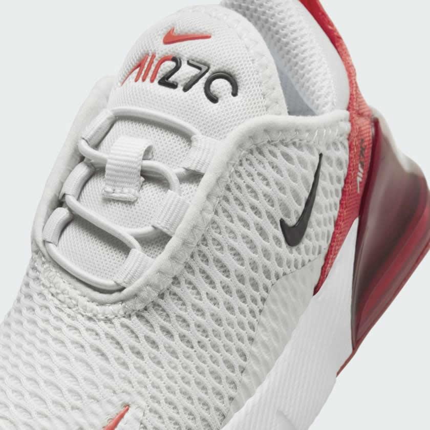 Close-up zoom on the front of the Nike Air Max 270 Toddlers' trainers, showing the mesh toe box and details of the easy-entry closure (e.g., elastic laces or strap).
