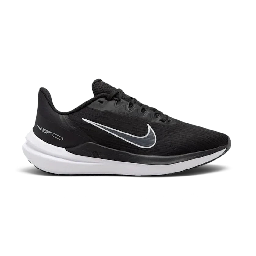 Nike Air Winflo 9 Women's Black Running Shoes DD8686-001 side view showing breathable black mesh upper with tonal Swoosh and cushioned midsole