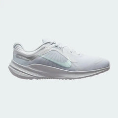 Nike Quest 5 Women's running shoe in white with metallic silver accents, side profile showing breathable mesh upper, foam cushioning, and Nike Swoosh.