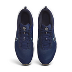Top-down view of a pair of Nike Downshifter 12 Men's training shoes in navy blue, highlighting their streamlined silhouette and lace-up closure.