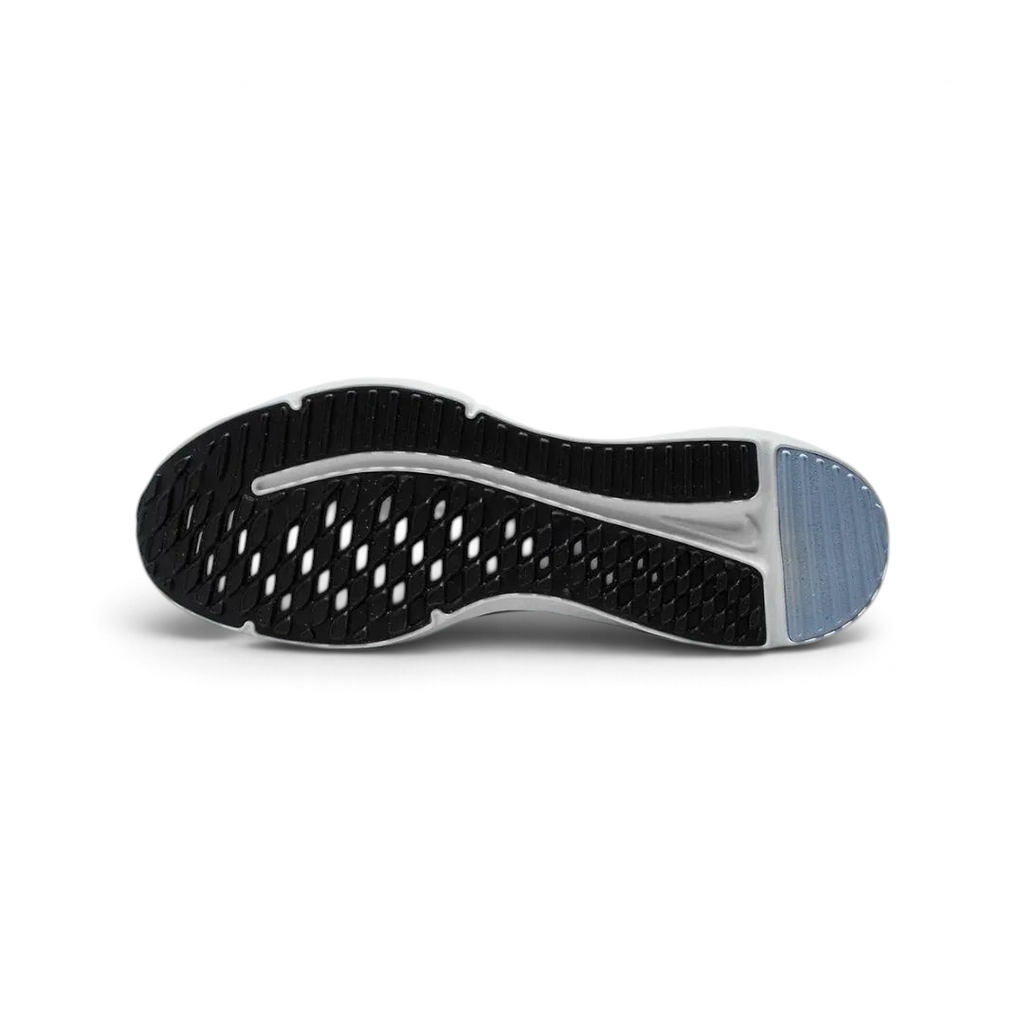 View of the outsole of the Nike Downshifter 12 Men's grey training shoes, showing the durable rubber tread pattern for multi-surface traction.