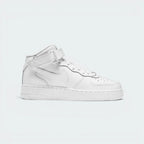 Highlights the high-velocity sweep of the clean white leather Nike Swoosh, showing the professional, matte texture of the all-white panels and the crisp alignment of the hook-and-loop ankle closure strap resting above the thick rubber midsole wall.