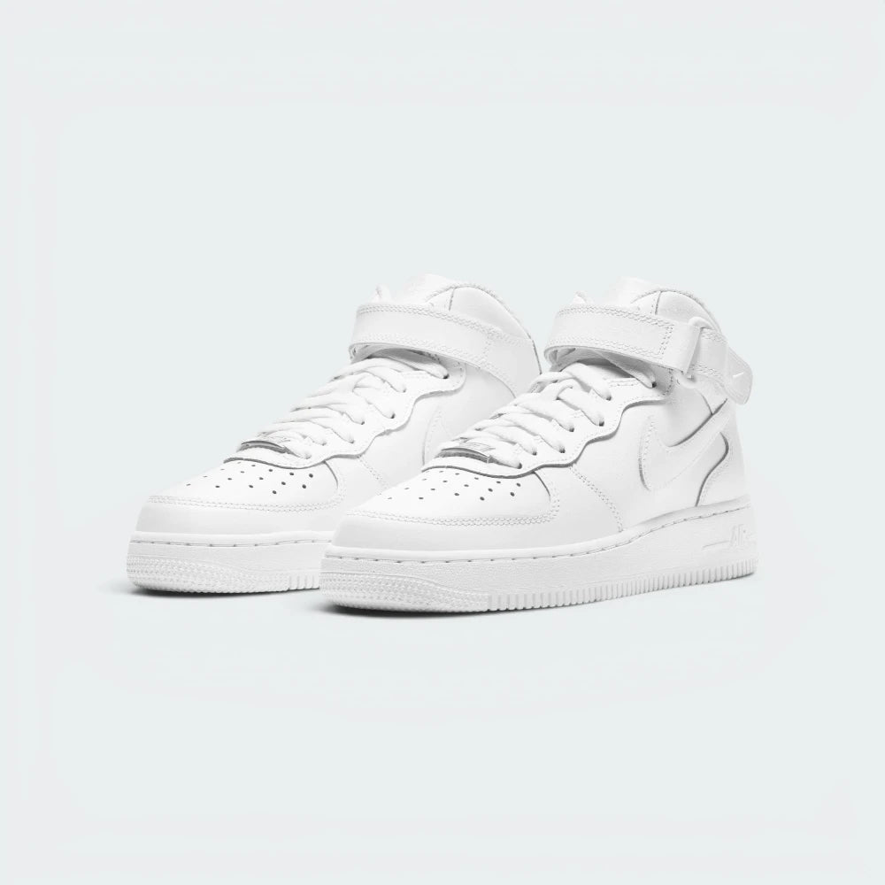 Emphasising the iconic, boxy retro basketball stance and the professional harmony of the triple-white panel arrangement.