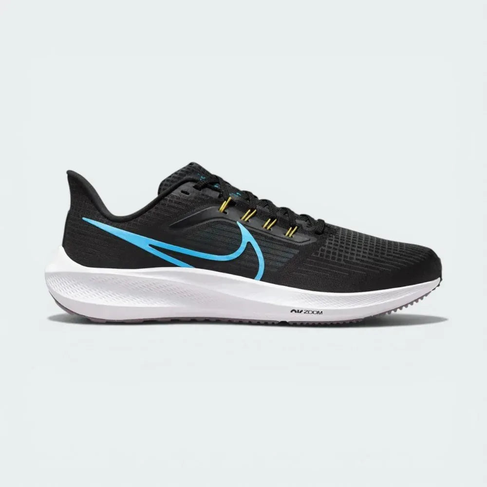 Side profile of the Nike Pegasus 39 DH4071-002, showing the Black mesh upper and the Chlorine Blue Swoosh and midsole accents. Main image