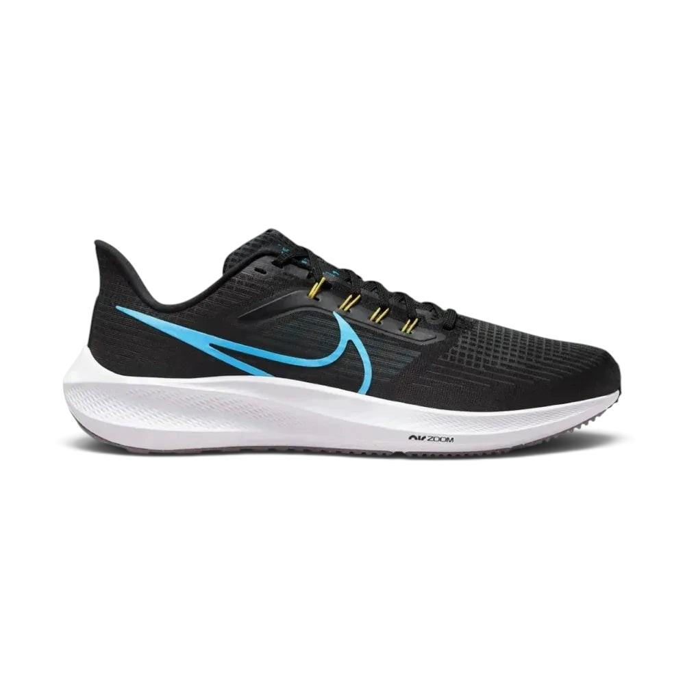Side profile of the Nike Pegasus 39 DH4071-002, showing the Black mesh upper and the Chlorine Blue Swoosh and midsole accents.