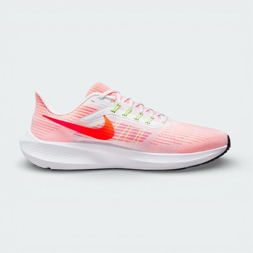 Nike Air Zoom Pegasus 39 Men's trainers in white with a Total Orange Swoosh and black accents, showing the sleek React foam midsole and engineered mesh upper.