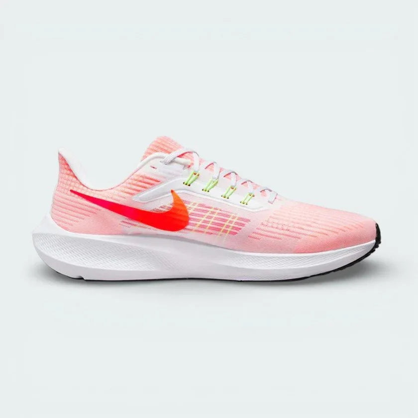Nike Air Zoom Pegasus 39 Men's trainers in white with a Total Orange Swoosh and black accents, showing the sleek React foam midsole and engineered mesh upper. Main image