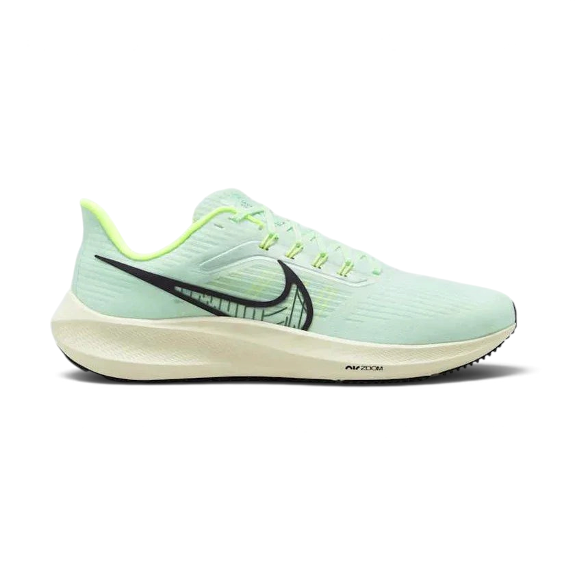 Nike Air Zoom Pegasus 39 Men's running trainers in mint foam green, side profile showing engineered mesh upper, prominent Nike Swoosh, and cushioned midsole.