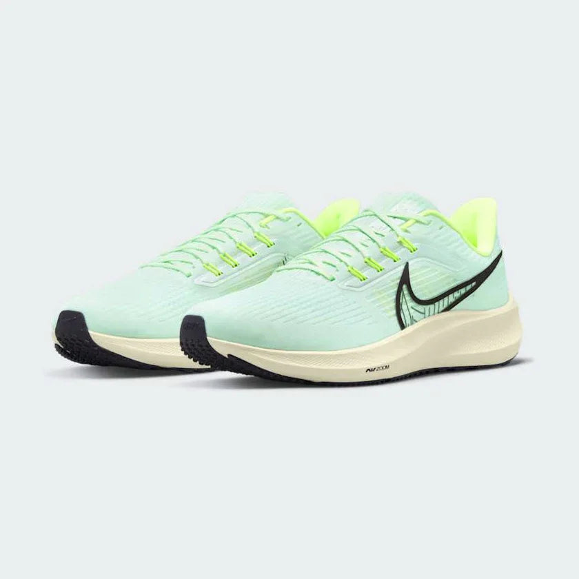Angled view of two Nike Air Zoom Pegasus 39 Men's green running trainers, side by side, showcasing their responsive design and athletic profile.