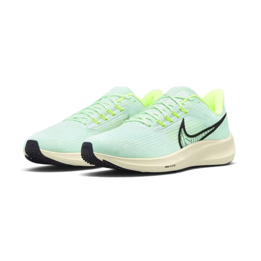 Angled view of two Nike Air Zoom Pegasus 39 Men's green running trainers, side by side, showcasing their responsive design and athletic profile.
