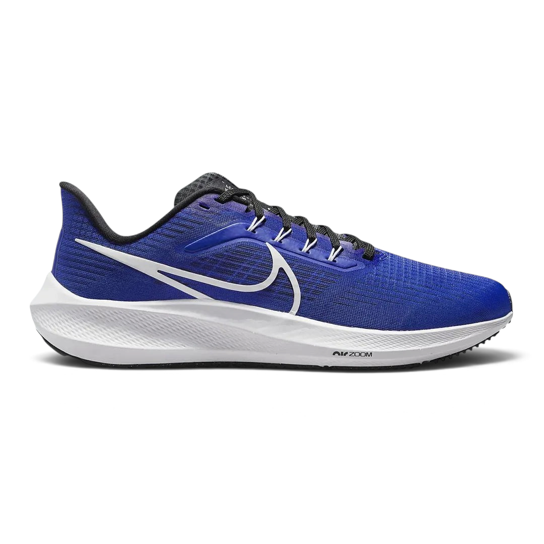 Nike Air Zoom Pegasus 39 Men's running trainers in racer blue with white accents, side profile showing engineered mesh upper, prominent Nike Swoosh, and cushioned midsole. Main image