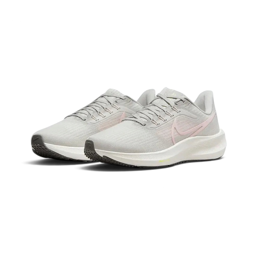 Angled view of two Nike Air Zoom Pegasus 39 Women's grey running trainers, side by side, showcasing their responsive design and athletic profile.
