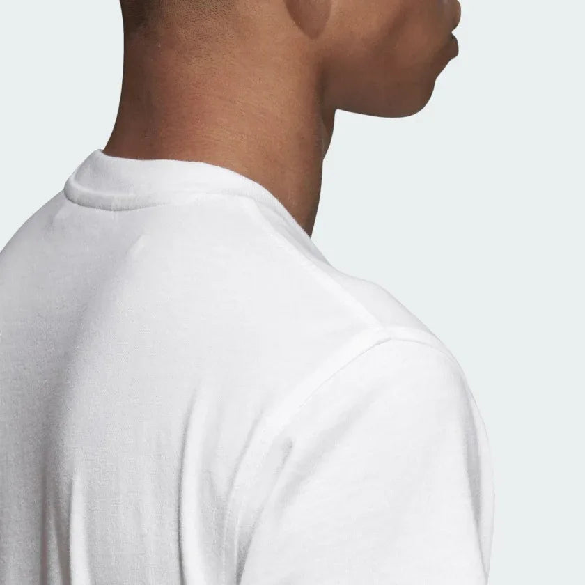Close-up zoom on the Adidas Trefoil T-Shirt Men's in white, showing the soft cotton jersey fabric texture from the rear