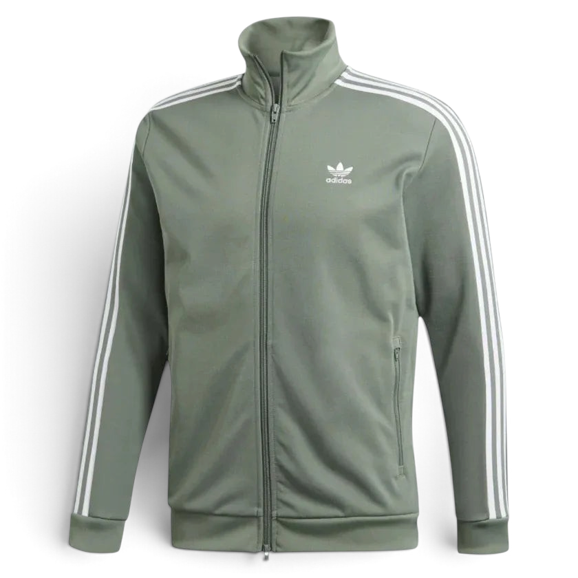 Adidas Beckenbauer Track Jacket Men's in trace green, front view showing full zip, ribbed stand-up collar, and small embroidered Trefoil logo on the chest.