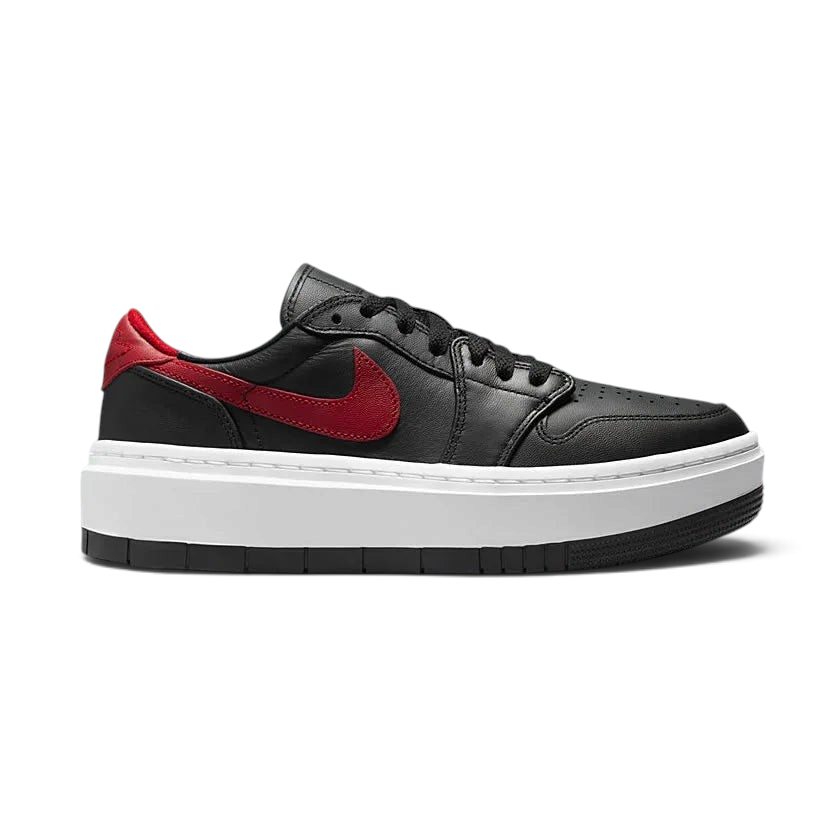 Air Jordan 1 Elevate Low Women's trainers in black, gym red, and white, side profile showing leather upper, exaggerated platform sole, and a classic Swoosh. Main image