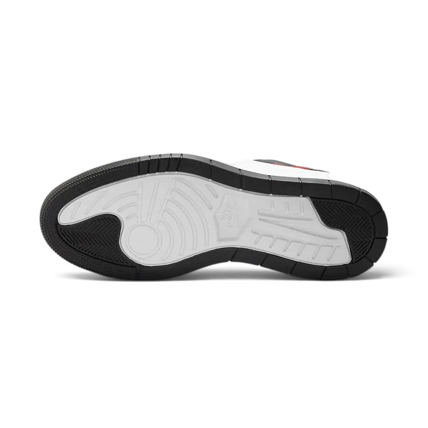 View of the outsole of the Air Jordan 1 Elevate Low Women's trainers, showing the thick rubber platform sole and classic traction pattern.