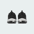 Rear view of the Nike Air Max 97 Women's black trainers, focusing on the full-length Max Air unit and padded heel collar.