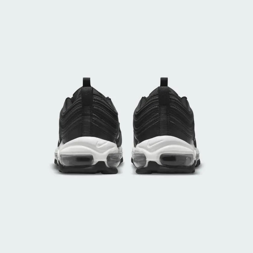 Rear view of the Nike Air Max 97 Women's black trainers, focusing on the full-length Max Air unit and padded heel collar.