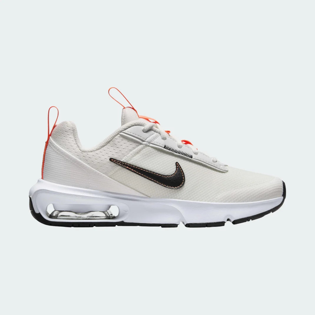 Nike Air Max Intrlk Lite Juniors' running trainers in summit white and black, side profile showing visible Max Air unit and layered mesh upper.