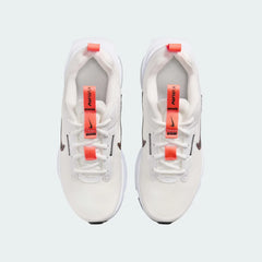 Top-down view of a pair of Nike Air Max Intrlk Lite Juniors' trainers in off-white, highlighting their sleek design and lace-up closure.