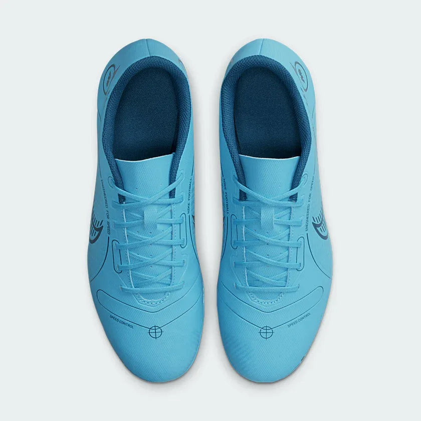 Top-down view of a pair of Nike Vapor 14 Club FG/MG men's football boots in vibrant blue and orange, showcasing the streamlined design.