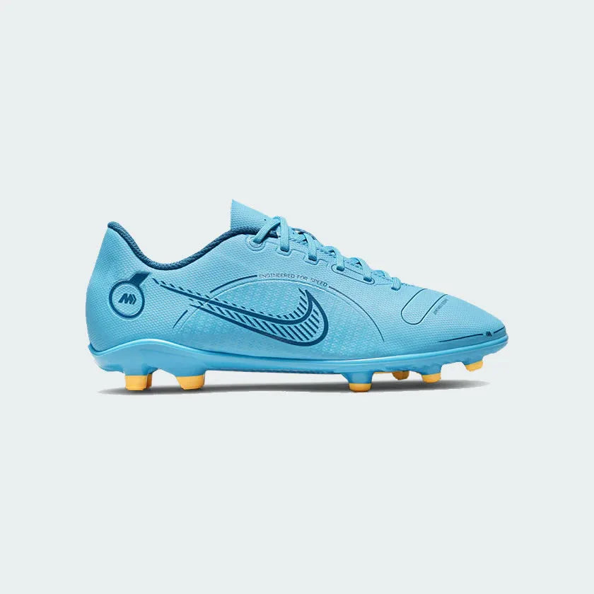 Nike Vapor 14 Club FG/MG juniors' football boot in vibrant chlorine blue and laser orange, side view showing bold Nike swoosh. Main image
