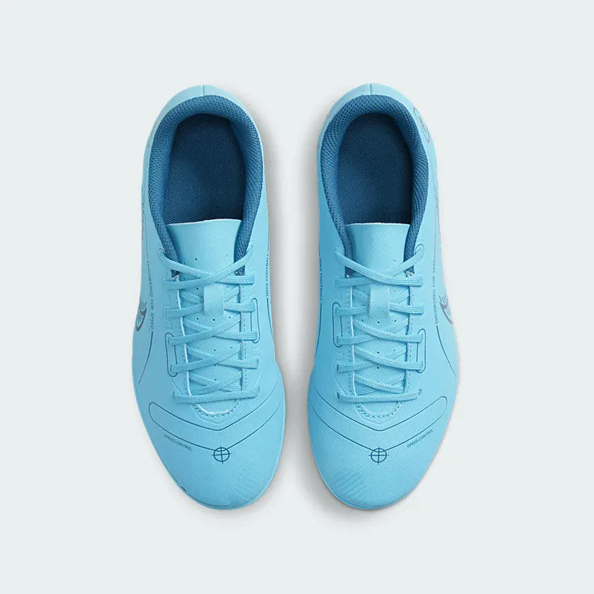 Top-down view of a pair of Nike Vapor 14 Club FG/MG juniors' football boots in bright blue and orange, showcasing the streamlined design.