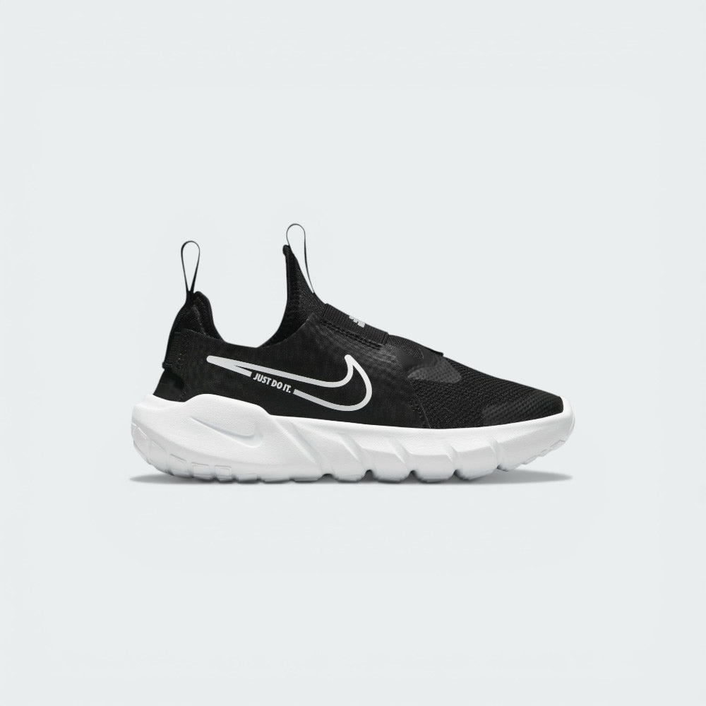 Highlights the sleek, laceless silhouette and the vibrant black "wings" on the heel.