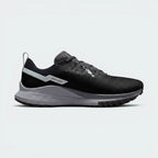Highlights the high-velocity sweep of the Wolf Grey Nike Swoosh, showing the technical, dual-tone texture of the Black and Dark Grey mesh upper resting above the thick, angular React foam midsole wall.