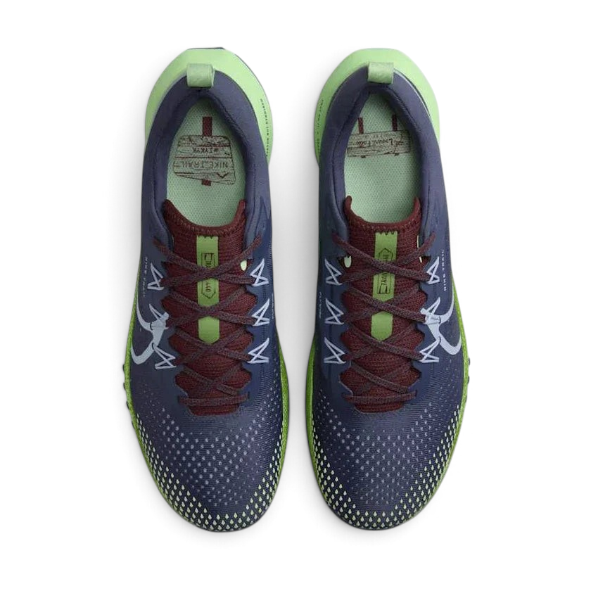 Top-down view of a pair of Nike React Pegasus Trail 4 Men's running shoes in blue, highlighting their breathable upper and lace-up closure.