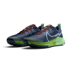 Angled view of two Nike React Pegasus Trail 4 Men's blue running shoes, side by side, showcasing their versatile design.