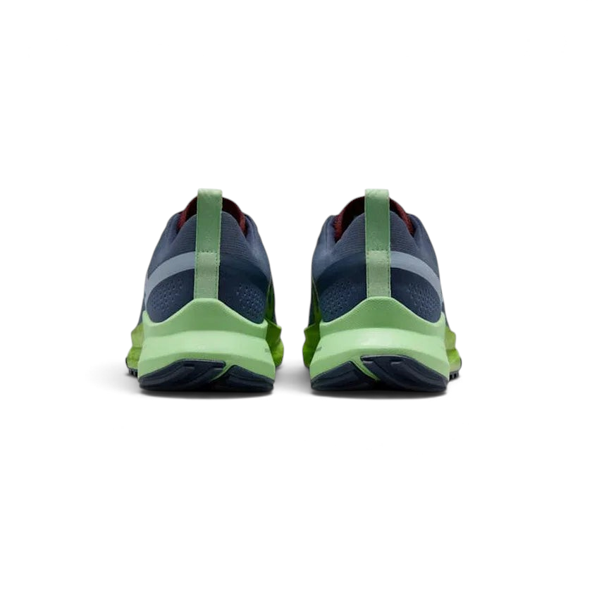 Rear view of the Nike React Pegasus Trail 4 Men's blue running shoes, focusing on the structured heel and reflective details.