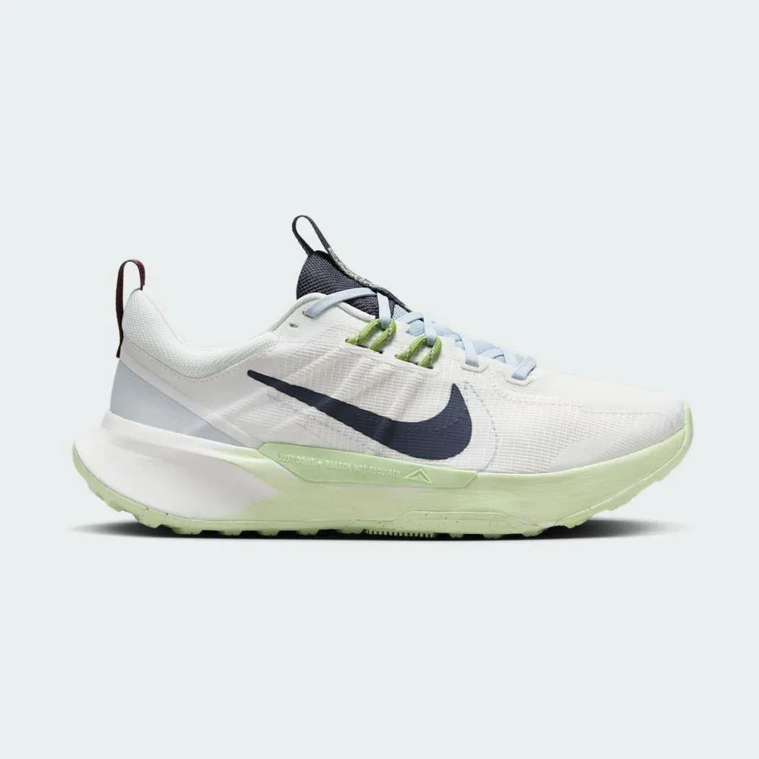 Nike Juniper Trail 2 Women's White Trail Shoes DM0821-103 side view showing white mesh upper with blue overlays and rugged trail outsole Main image