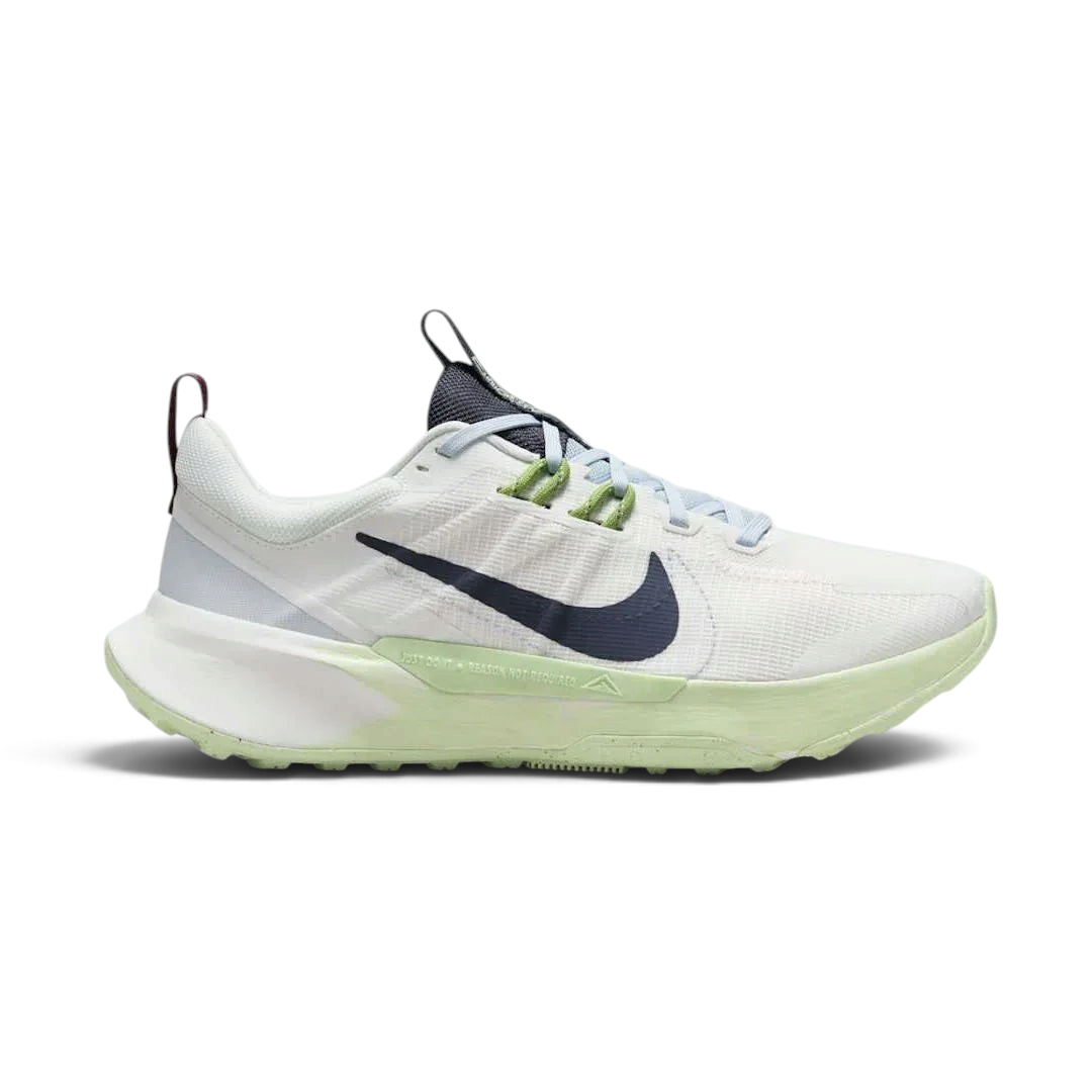 Nike Juniper Trail 2 Women's White Trail Shoes DM0821-103 side view showing white mesh upper with blue overlays and rugged trail outsole Main image