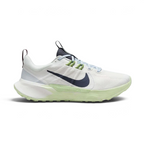 Nike Juniper Trail 2 Women's White Trail Shoes DM0821-103 side view showing white mesh upper with blue overlays and rugged trail outsole