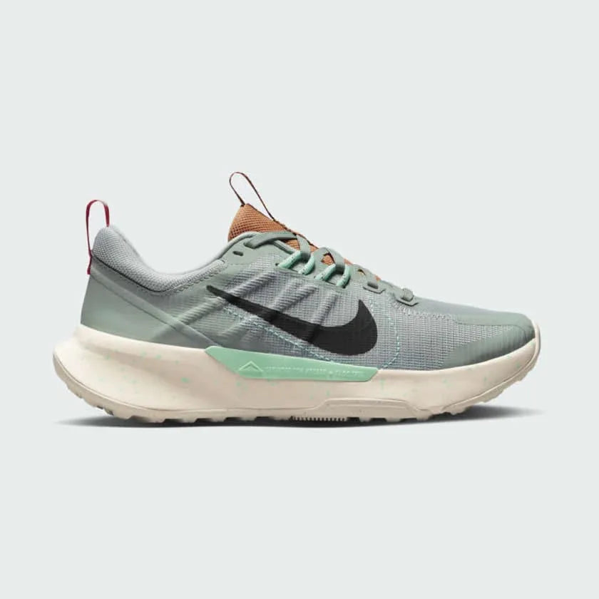 Nike Juniper Trail 2 Women's Running Shoes DM0821-301 side view showing green mesh upper with black Swoosh and trail outsole Main image