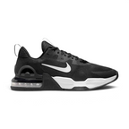 Nike Air Max Alpha Trainer 5 Men's shoes in black with white accents, side profile showing visible Max Air unit in the heel, durable mesh upper, and supportive overlays.