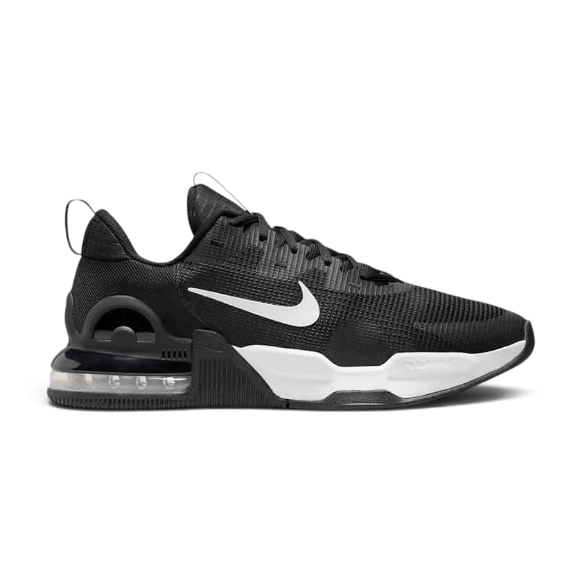 Nike Air Max Alpha Trainer 5 Men's shoes in black with white accents, side profile showing visible Max Air unit in the heel, durable mesh upper, and supportive overlays.