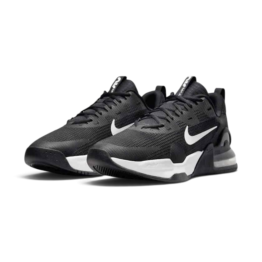 Angled view of two Nike Air Max Alpha Trainer 5 Men's black and white shoes, side by side, showcasing their robust design and stable platform.