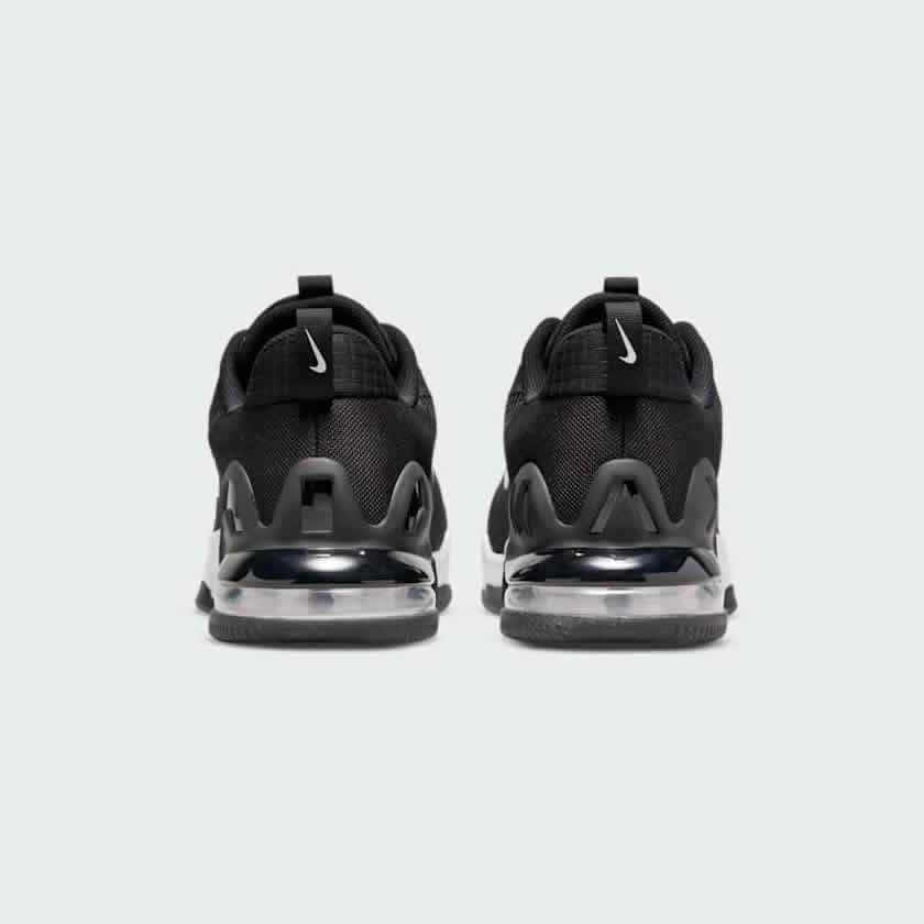Rear view of the Nike Air Max Alpha Trainer 5 Men's black, focusing on the prominent Max Air unit in the heel and wide, flat base for stability.