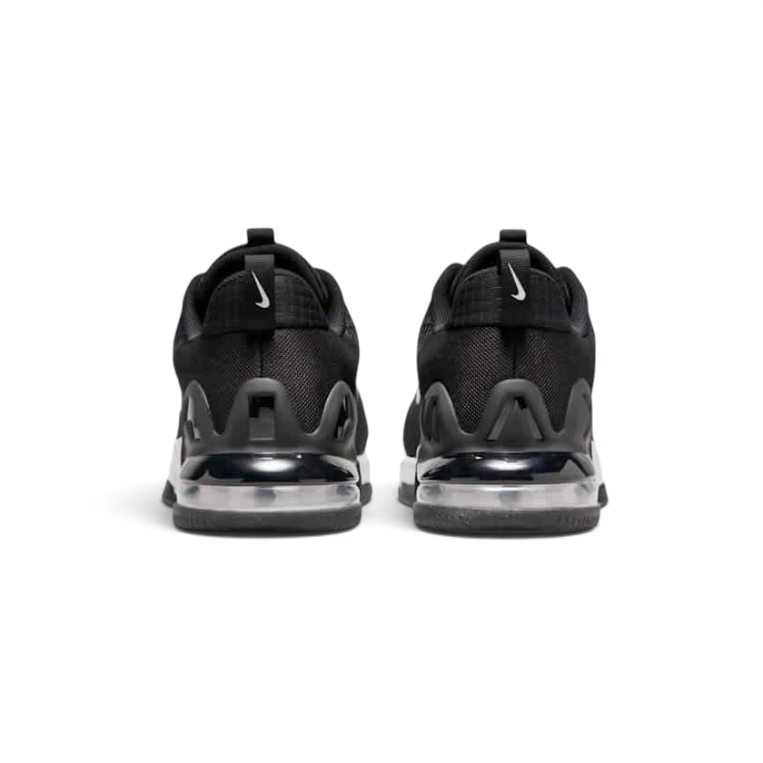 Rear view of the Nike Air Max Alpha Trainer 5 Men's black, focusing on the prominent Max Air unit in the heel and wide, flat base for stability.